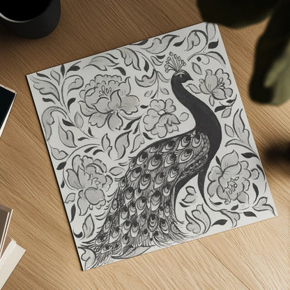 Peacock Garden IV BW by Miranda Thomas. Shown as a detailed flat fine art print, highlighting archival giclee quality. Available as an archival giclee rolled canvas, fine art paper, or poster print. SKU 73118a.