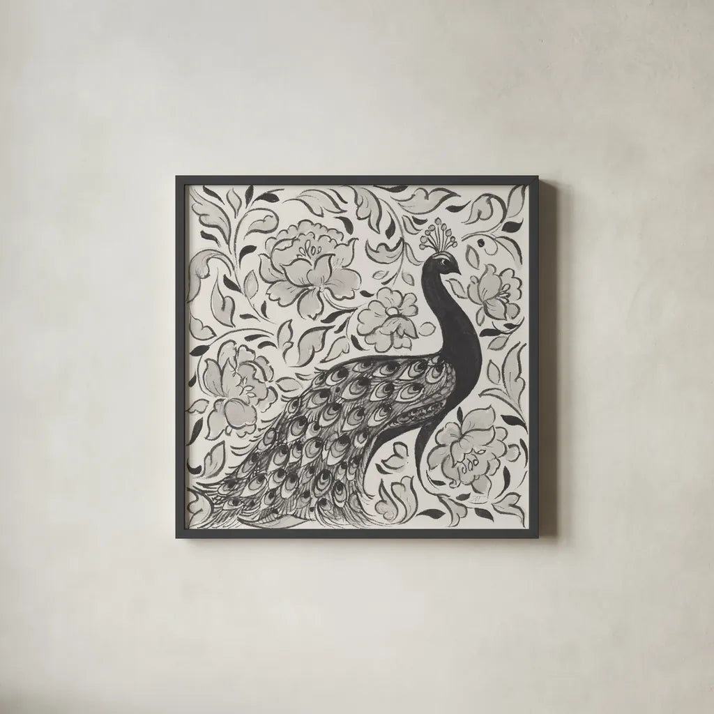 Peacock Garden IV BW by Miranda Thomas. Shown in a sleek black glass frame for a contemporary gallery look. Available as an archival giclee rolled canvas, fine art paper, or poster print. SKU 73118a.