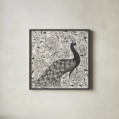 Peacock Garden IV BW by Miranda Thomas. Shown in a sleek black glass frame for a contemporary gallery look. Available as an archival giclee rolled canvas, fine art paper, or poster print. SKU 73118a.