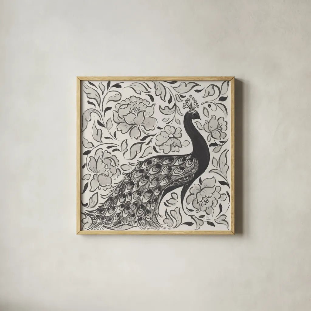 Peacock Garden IV BW by Miranda Thomas. Shown in a natural wood glass frame for a timeless modern aesthetic. Available as an archival giclee rolled canvas, fine art paper, or poster print. SKU 73118a.