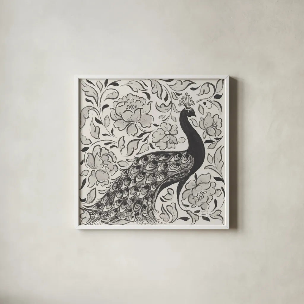 Peacock Garden IV BW by Miranda Thomas. Shown in a crisp white glass frame for a clean and minimalist style. Available as an archival giclee rolled canvas, fine art paper, or poster print. SKU 73118a.