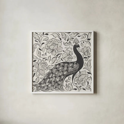 Peacock Garden IV BW by Miranda Thomas. Shown in a crisp white glass frame for a clean and minimalist style. Available as an archival giclee rolled canvas, fine art paper, or poster print. SKU 73118a.