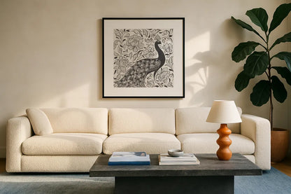 Peacock Garden IV BW by Miranda Thomas. Displayed in a glass frame with matte in a clean modern living room. Available as an archival giclee rolled canvas, fine art paper, or poster print. SKU 73118a.
