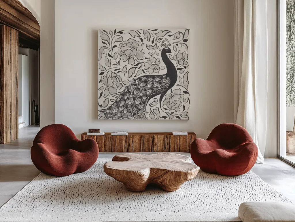 Peacock Garden IV BW by Miranda Thomas. Shown as extra-large giant wall art in a modern living room. Available as an archival giclee rolled canvas, fine art paper, or poster print. SKU 73118a.