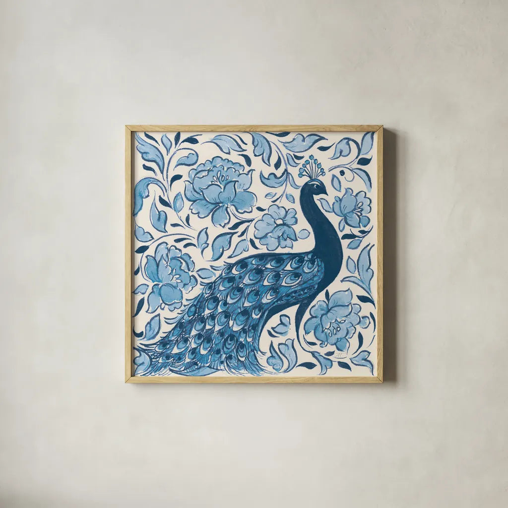Peacock Garden IV v2 by Miranda Thomas. Shown in a natural wood glass frame for a timeless modern aesthetic. Available as an archival giclee rolled canvas, fine art paper, or poster print. SKU 56862a.