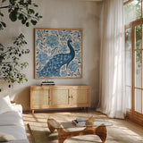 Peacock Garden IV v2 by Miranda Thomas. Shown in a natural wood frame in a cozy modern living room. Available as an archival giclee rolled canvas, fine art paper, or poster print. SKU 56862a.