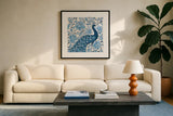 Peacock Garden IV v2 by Miranda Thomas. Displayed in a glass frame with matte in a clean modern living room. Available as an archival giclee rolled canvas, fine art paper, or poster print. SKU 56862a.