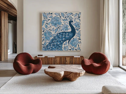 Peacock Garden IV v2 by Miranda Thomas. Shown as extra-large giant wall art in a modern living room. Available as an archival giclee rolled canvas, fine art paper, or poster print. SKU 56862a.