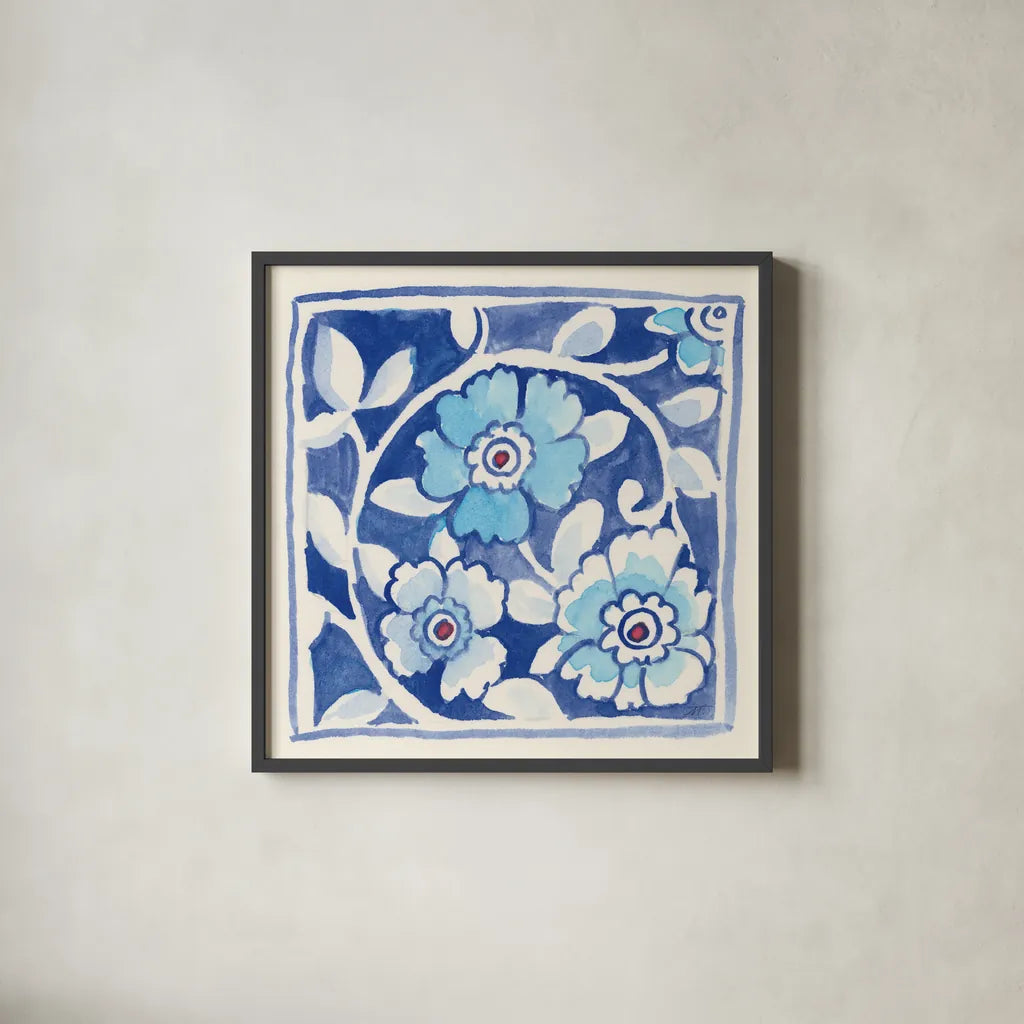 Peacock Garden IX by Miranda Thomas. Shown in a sleek black glass frame for a contemporary gallery look. Available as an archival giclee rolled canvas, fine art paper, or poster print. SKU 46200a.