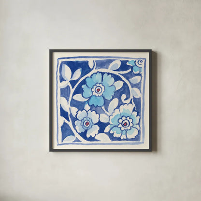 Peacock Garden IX by Miranda Thomas. Shown in a sleek black glass frame for a contemporary gallery look. Available as an archival giclee rolled canvas, fine art paper, or poster print. SKU 46200a.