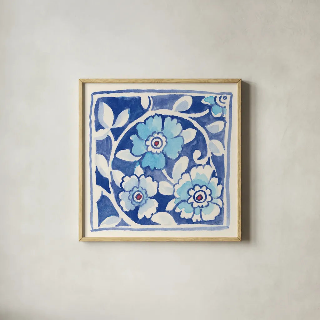 Peacock Garden IX by Miranda Thomas. Shown in a natural wood glass frame for a timeless modern aesthetic. Available as an archival giclee rolled canvas, fine art paper, or poster print. SKU 46200a.