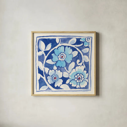 Peacock Garden IX by Miranda Thomas. Shown in a natural wood glass frame for a timeless modern aesthetic. Available as an archival giclee rolled canvas, fine art paper, or poster print. SKU 46200a.