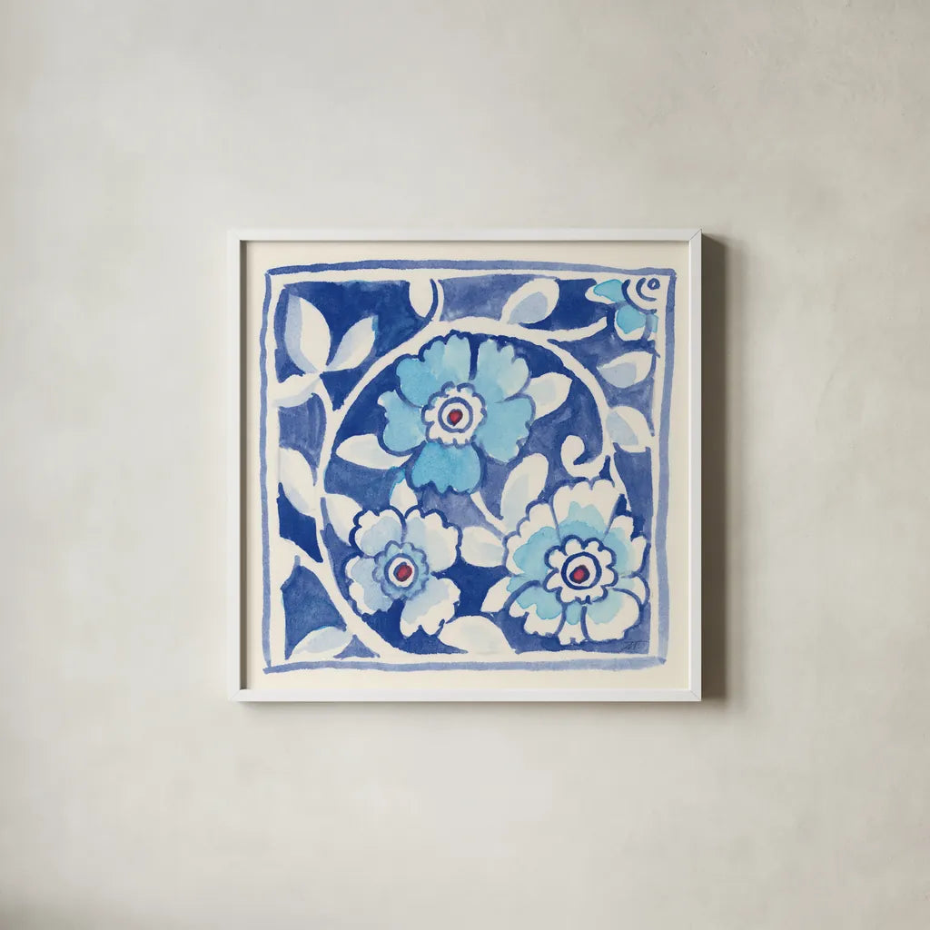 Peacock Garden IX by Miranda Thomas. Shown in a crisp white glass frame for a clean and minimalist style. Available as an archival giclee rolled canvas, fine art paper, or poster print. SKU 46200a.