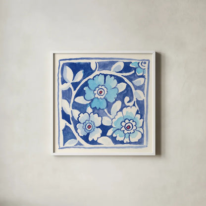 Peacock Garden IX by Miranda Thomas. Shown in a crisp white glass frame for a clean and minimalist style. Available as an archival giclee rolled canvas, fine art paper, or poster print. SKU 46200a.