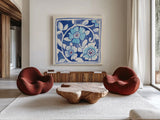 Peacock Garden IX by Miranda Thomas. Shown as extra-large giant wall art in a modern living room. Available as an archival giclee rolled canvas, fine art paper, or poster print. SKU 46200a.