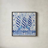 Peacock Garden V by Miranda Thomas. Shown in a sleek black glass frame for a contemporary gallery look. Available as an archival giclee rolled canvas, fine art paper, or poster print. SKU 46196a.