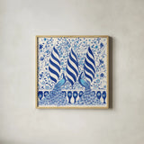 Peacock Garden V by Miranda Thomas. Shown in a natural wood glass frame for a timeless modern aesthetic. Available as an archival giclee rolled canvas, fine art paper, or poster print. SKU 46196a.