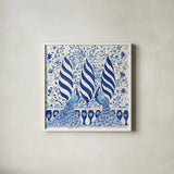 Peacock Garden V by Miranda Thomas. Shown in a crisp white glass frame for a clean and minimalist style. Available as an archival giclee rolled canvas, fine art paper, or poster print. SKU 46196a.