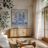 Peacock Garden V by Miranda Thomas. Shown in a natural wood frame in a cozy modern living room. Available as an archival giclee rolled canvas, fine art paper, or poster print. SKU 46196a.