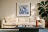 Peacock Garden V by Miranda Thomas. Displayed in a glass frame with matte in a clean modern living room. Available as an archival giclee rolled canvas, fine art paper, or poster print. SKU 46196a.
