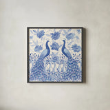 Peacock Garden VI by Miranda Thomas. Shown in a sleek black glass frame for a contemporary gallery look. Available as an archival giclee rolled canvas, fine art paper, or poster print. SKU 46197a.