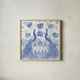 Peacock Garden VI by Miranda Thomas. Shown in a natural wood glass frame for a timeless modern aesthetic. Available as an archival giclee rolled canvas, fine art paper, or poster print. SKU 46197a.