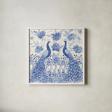 Peacock Garden VI by Miranda Thomas. Shown in a crisp white glass frame for a clean and minimalist style. Available as an archival giclee rolled canvas, fine art paper, or poster print. SKU 46197a.