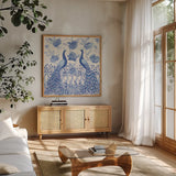 Peacock Garden VI by Miranda Thomas. Shown in a natural wood frame in a cozy modern living room. Available as an archival giclee rolled canvas, fine art paper, or poster print. SKU 46197a.