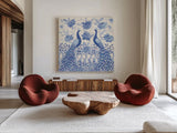 Peacock Garden VI by Miranda Thomas. Shown as extra-large giant wall art in a modern living room. Available as an archival giclee rolled canvas, fine art paper, or poster print. SKU 46197a.