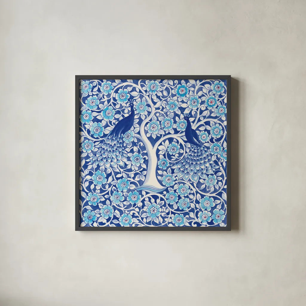 Peacock Garden VII by Miranda Thomas. Shown in a sleek black glass frame for a contemporary gallery look. Available as an archival giclee rolled canvas, fine art paper, or poster print. SKU 46198a.