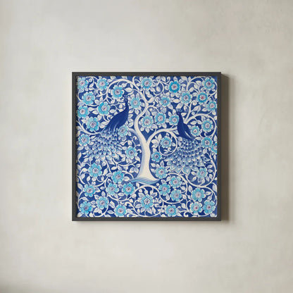 Peacock Garden VII by Miranda Thomas. Shown in a sleek black glass frame for a contemporary gallery look. Available as an archival giclee rolled canvas, fine art paper, or poster print. SKU 46198a.