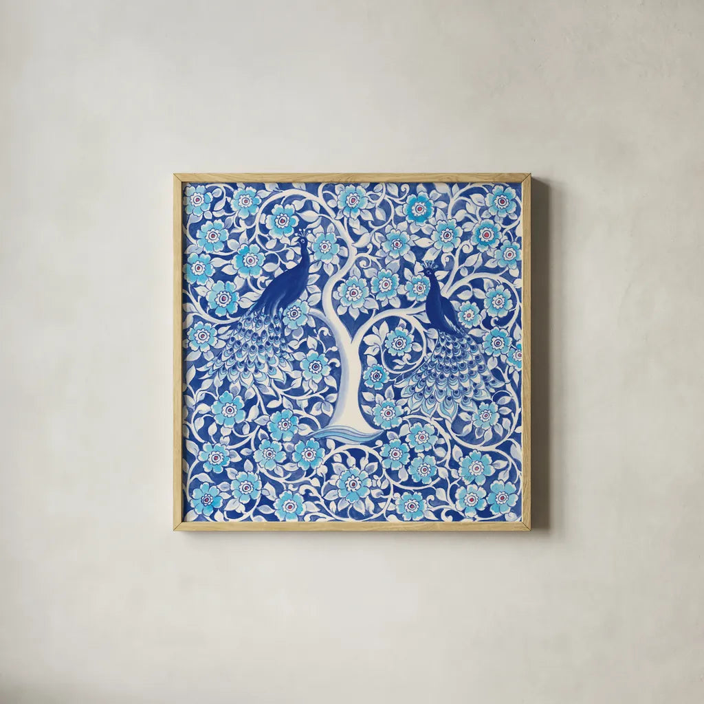 Peacock Garden VII by Miranda Thomas. Shown in a natural wood glass frame for a timeless modern aesthetic. Available as an archival giclee rolled canvas, fine art paper, or poster print. SKU 46198a.