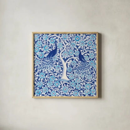 Peacock Garden VII by Miranda Thomas. Shown in a natural wood glass frame for a timeless modern aesthetic. Available as an archival giclee rolled canvas, fine art paper, or poster print. SKU 46198a.