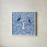 Peacock Garden VII by Miranda Thomas. Shown in a crisp white glass frame for a clean and minimalist style. Available as an archival giclee rolled canvas, fine art paper, or poster print. SKU 46198a.