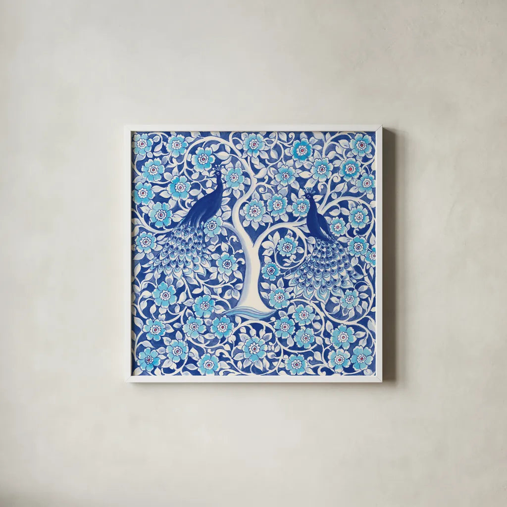 Peacock Garden VII by Miranda Thomas. Shown in a crisp white glass frame for a clean and minimalist style. Available as an archival giclee rolled canvas, fine art paper, or poster print. SKU 46198a.