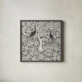 Peacock Garden VII BW by Miranda Thomas. Shown in a sleek black glass frame for a contemporary gallery look. Available as an archival giclee rolled canvas, fine art paper, or poster print. SKU 73119a.