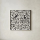 Peacock Garden VII BW by Miranda Thomas. Shown in a crisp white glass frame for a clean and minimalist style. Available as an archival giclee rolled canvas, fine art paper, or poster print. SKU 73119a.