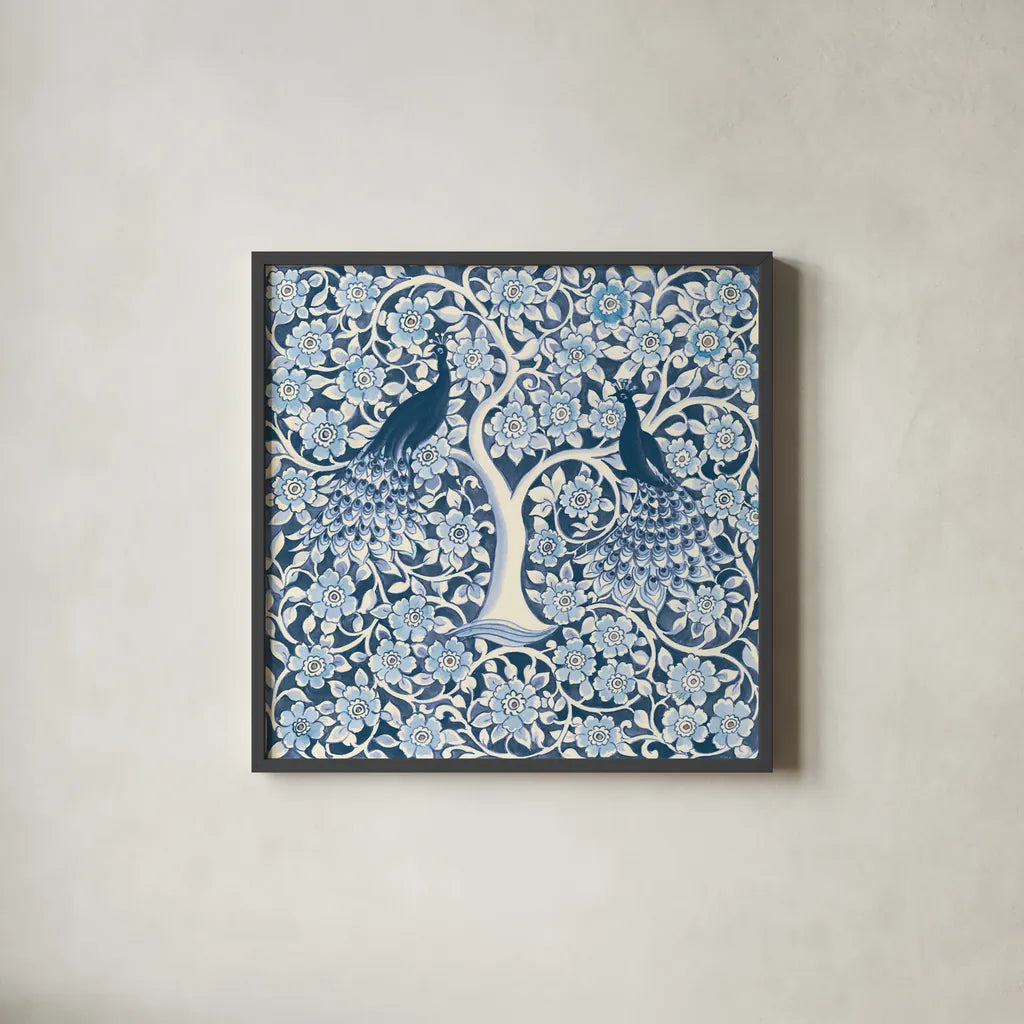 Peacock Garden VII v2 by Miranda Thomas. Shown in a sleek black glass frame for a contemporary gallery look. Available as an archival giclee rolled canvas, fine art paper, or poster print. SKU 56863a.