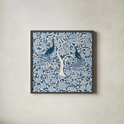 Peacock Garden VII v2 by Miranda Thomas. Shown in a sleek black glass frame for a contemporary gallery look. Available as an archival giclee rolled canvas, fine art paper, or poster print. SKU 56863a.