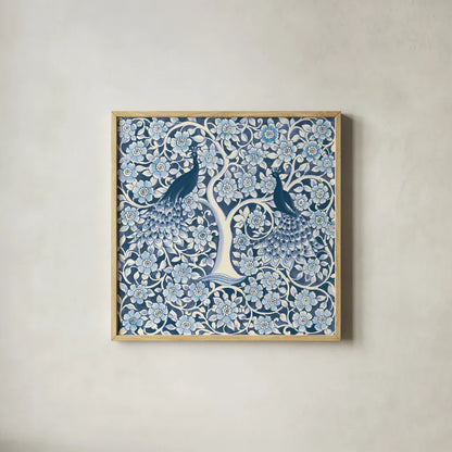 Peacock Garden VII v2 by Miranda Thomas. Shown in a natural wood glass frame for a timeless modern aesthetic. Available as an archival giclee rolled canvas, fine art paper, or poster print. SKU 56863a.