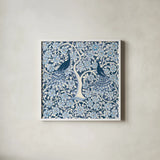 Peacock Garden VII v2 by Miranda Thomas. Shown in a crisp white glass frame for a clean and minimalist style. Available as an archival giclee rolled canvas, fine art paper, or poster print. SKU 56863a.