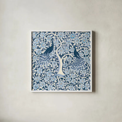 Peacock Garden VII v2 by Miranda Thomas. Shown in a crisp white glass frame for a clean and minimalist style. Available as an archival giclee rolled canvas, fine art paper, or poster print. SKU 56863a.