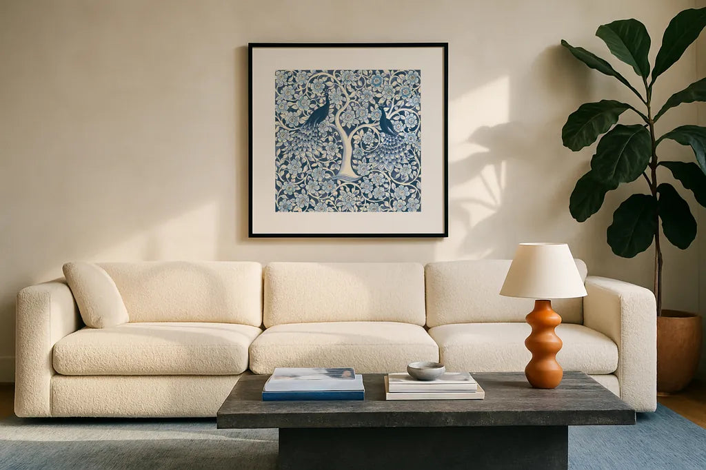 Peacock Garden VII v2 by Miranda Thomas. Displayed in a glass frame with matte in a clean modern living room. Available as an archival giclee rolled canvas, fine art paper, or poster print. SKU 56863a.