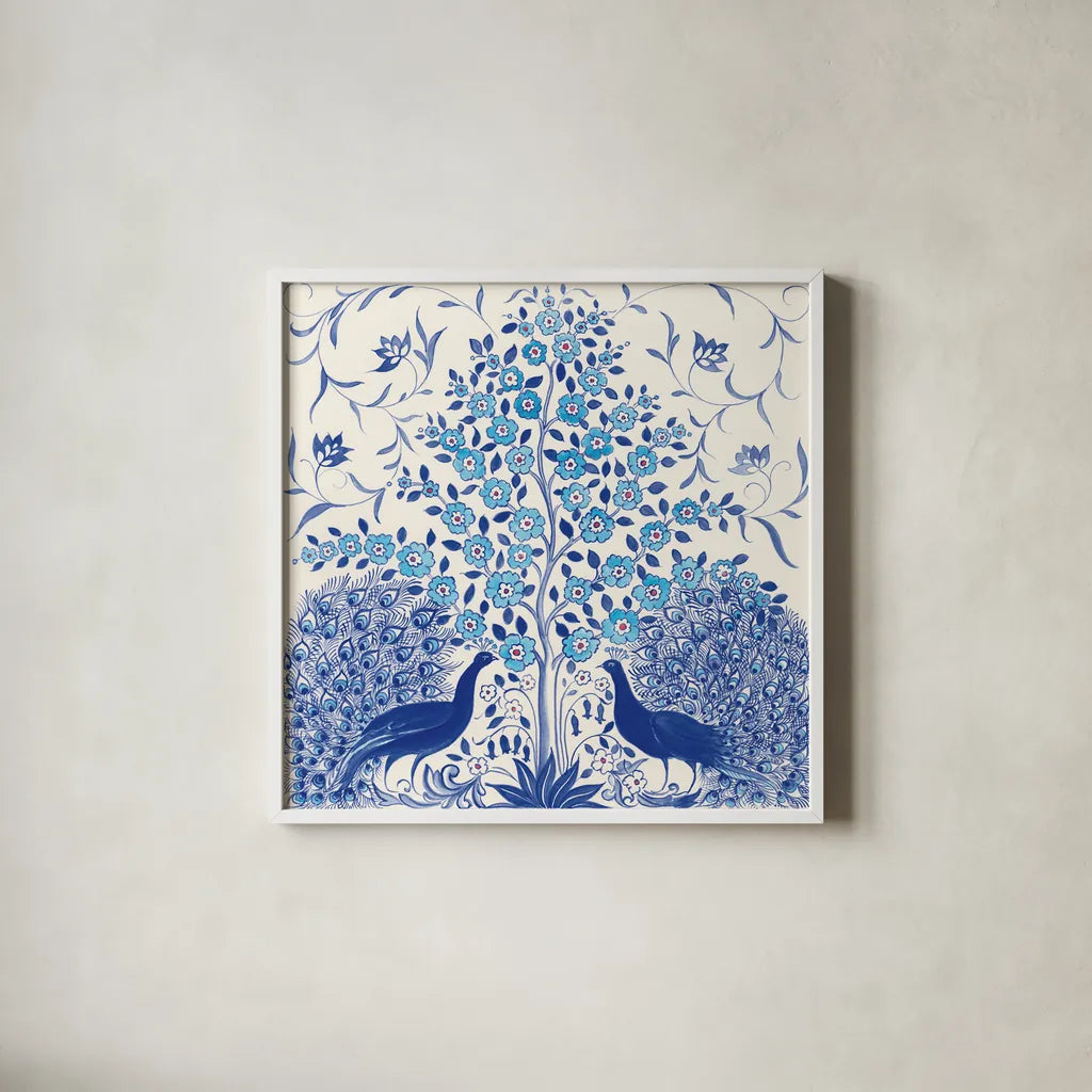 Peacock Garden VIII by Miranda Thomas. Shown in a crisp white glass frame for a clean and minimalist style. Available as an archival giclee rolled canvas, fine art paper, or poster print. SKU 46199a.