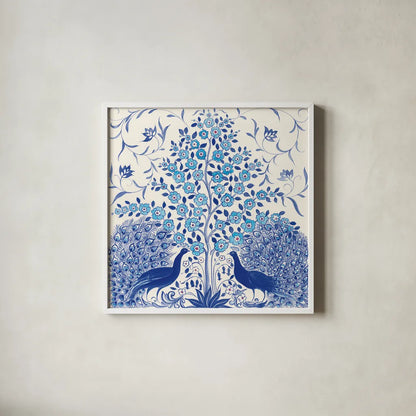 Peacock Garden VIII by Miranda Thomas. Shown in a crisp white glass frame for a clean and minimalist style. Available as an archival giclee rolled canvas, fine art paper, or poster print. SKU 46199a.