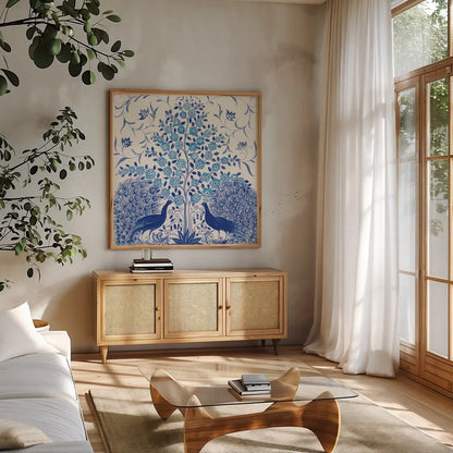 Peacock Garden VIII by Miranda Thomas. Shown in a natural wood frame in a cozy modern living room. Available as an archival giclee rolled canvas, fine art paper, or poster print. SKU 46199a.