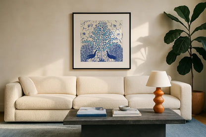 Peacock Garden VIII by Miranda Thomas. Displayed in a glass frame with matte in a clean modern living room. Available as an archival giclee rolled canvas, fine art paper, or poster print. SKU 46199a.