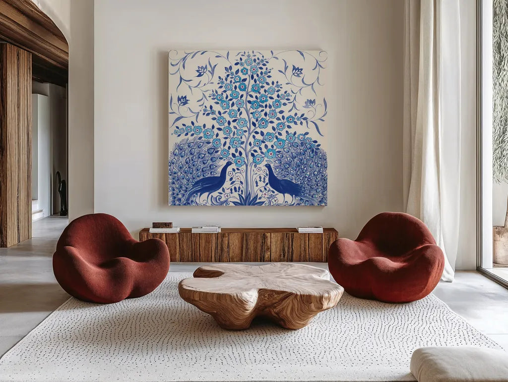 Peacock Garden VIII by Miranda Thomas. Shown as extra-large giant wall art in a modern living room. Available as an archival giclee rolled canvas, fine art paper, or poster print. SKU 46199a.