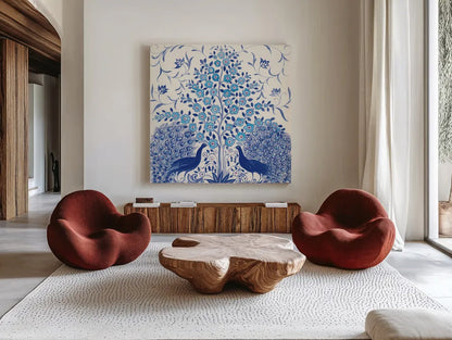 Peacock Garden VIII by Miranda Thomas. Shown as extra-large giant wall art in a modern living room. Available as an archival giclee rolled canvas, fine art paper, or poster print. SKU 46199a.