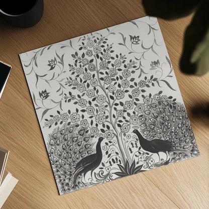 Peacock Garden VIII BW by Miranda Thomas. Shown as a detailed flat fine art print, highlighting archival giclee quality. Available as an archival giclee rolled canvas, fine art paper, or poster print. SKU 73120a.